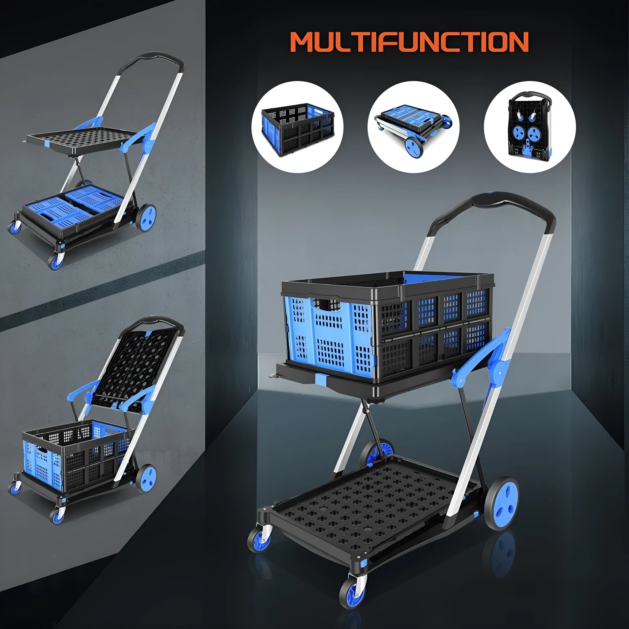 Blue foldable shopping cart with double plastic baskets shown in open position