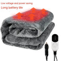 Grey double-sided 12V car electric blanket showing cigarette lighter plug and intelligent temperature control.