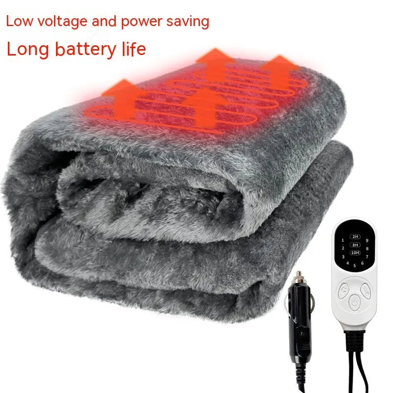 Grey double-sided 12V car electric blanket showing cigarette lighter plug and intelligent temperature control.