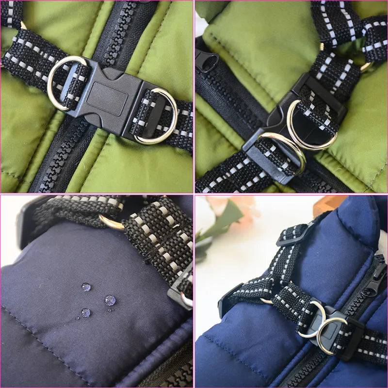 Waterproof dog coat with built-in harness in red, navy blue or army green colours