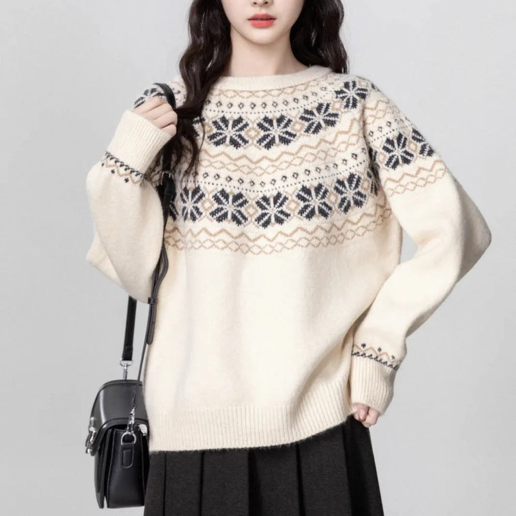 Women's vintage Fair Isle geometric pattern sweater in milk white with crew neck and long sleeves