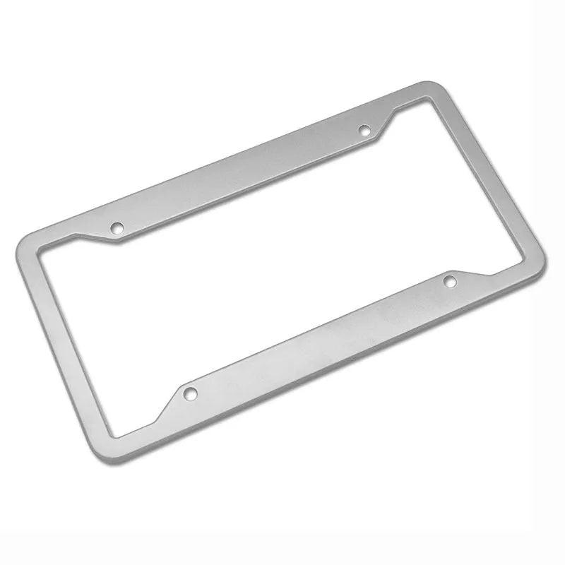 Aluminium alloy license plate frame in choice of four finishes next to a car registration plate.