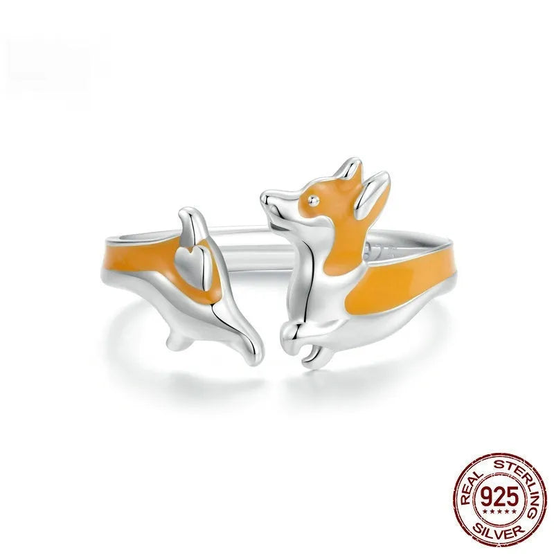 Silver corgi dog cartoon ring with electroplated SCR1014-E colour finish for women