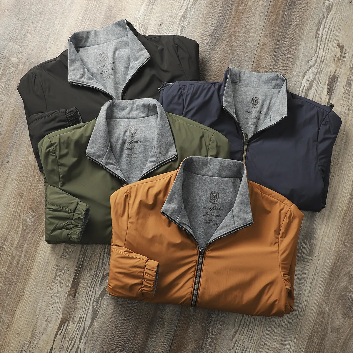 Men's stand collar casual jacket in Army Green colour, shown on a model.