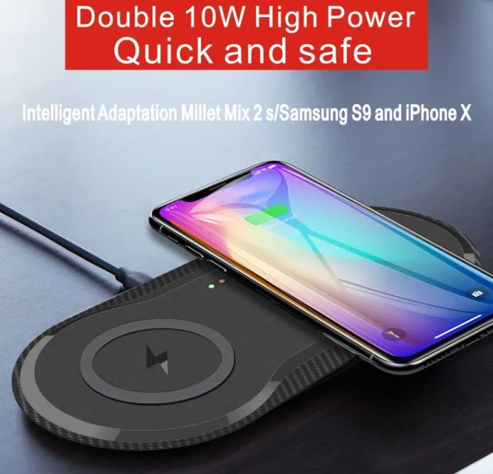 Black and white dual wireless charging pad for two phones with Type-C cable