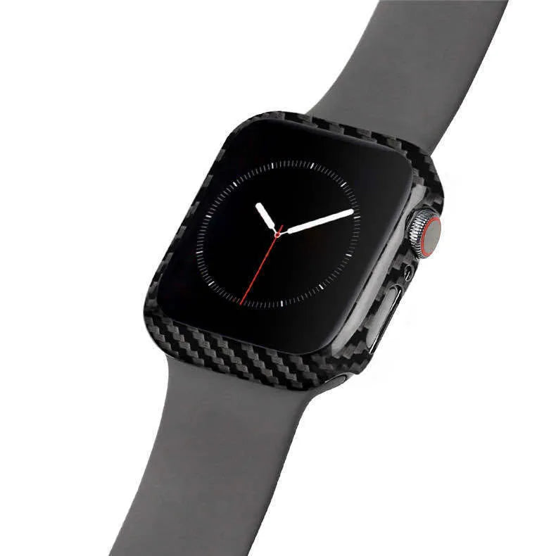 Apple Watch Series 4 44mm in a slim carbon fibre and leather half-wrap case in black.