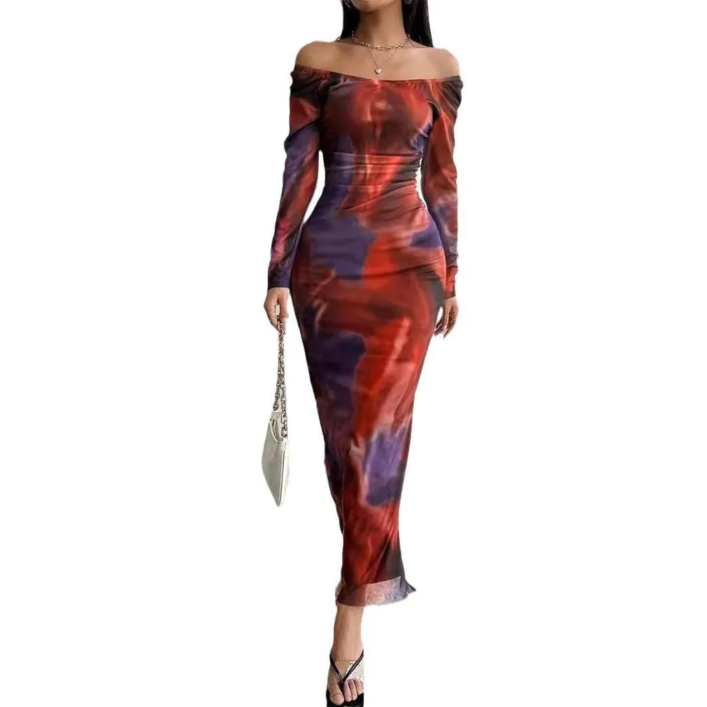 Women's printed mesh fishtail dress with square collar in gradient colours
