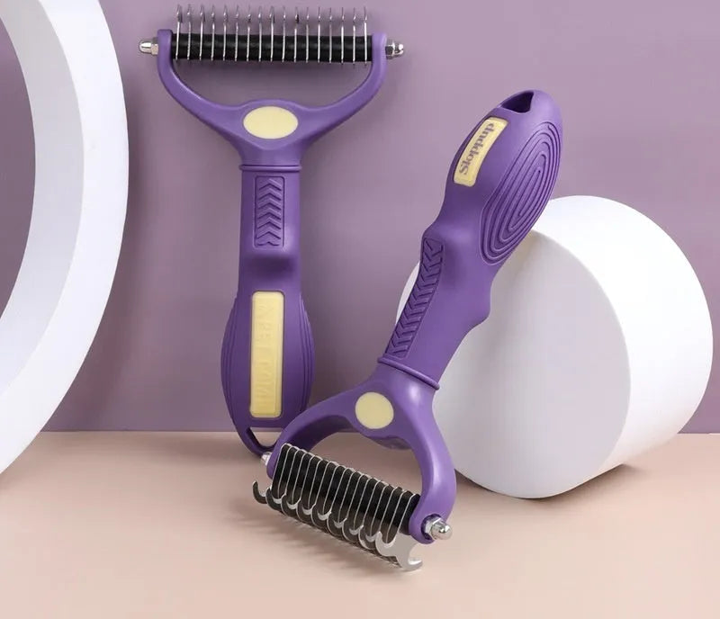 Purple plastic double-sided pet grooming comb for untying knots in cat and dog fur