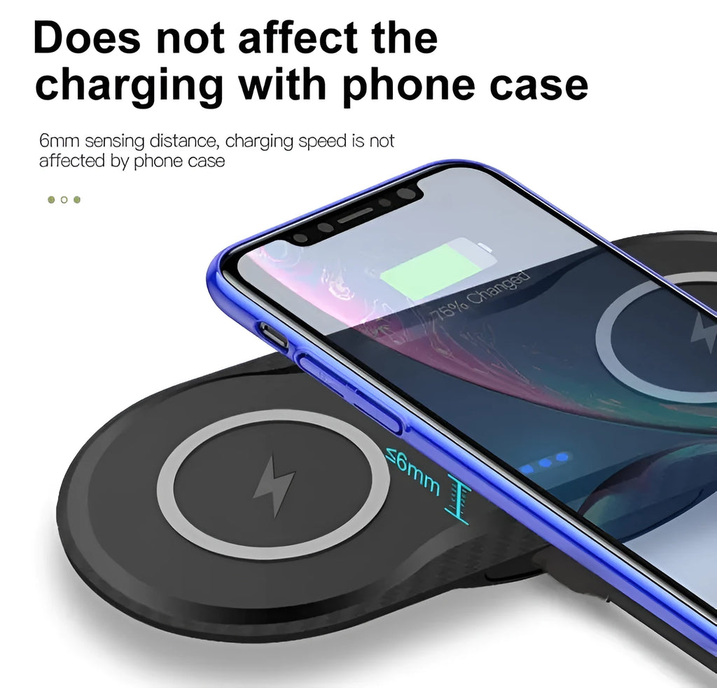 Black and white dual wireless charging pad for two phones with Type-C cable