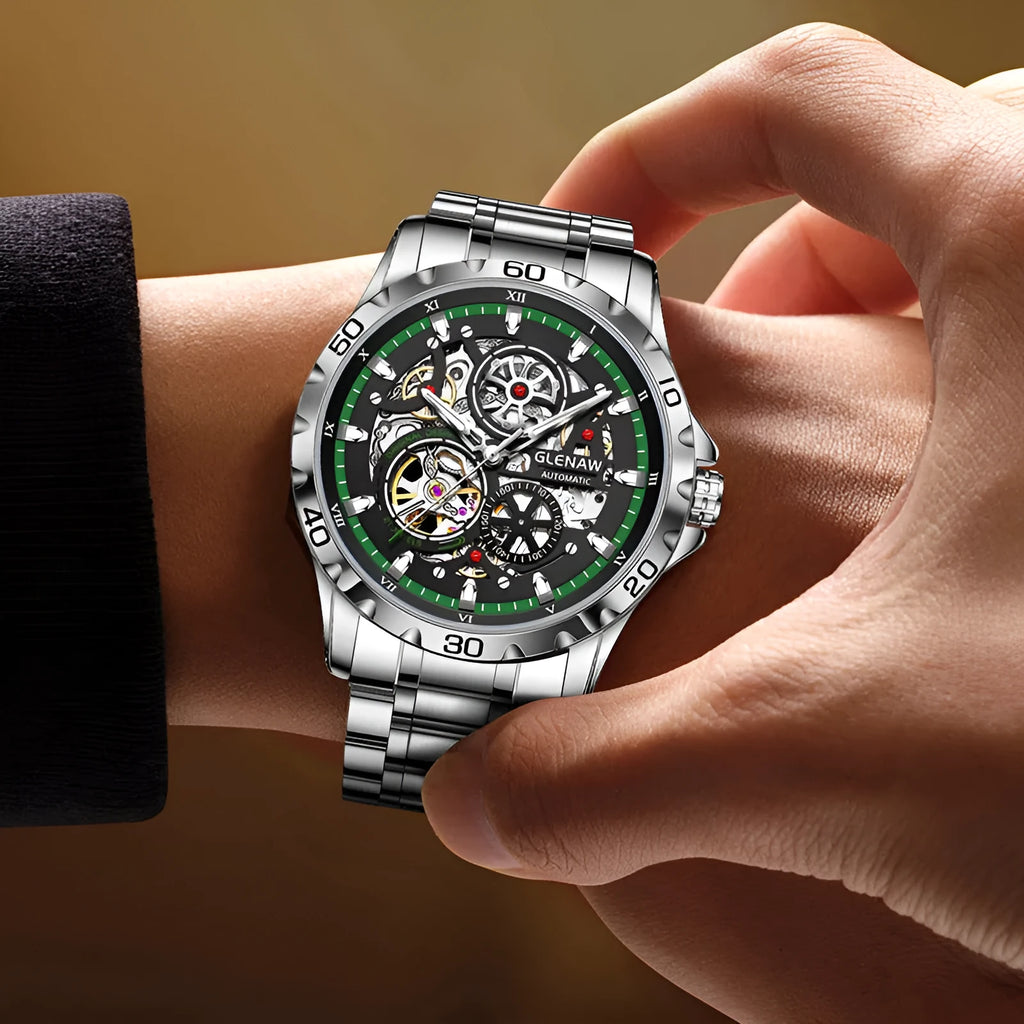 Men's silver skeleton automatic watch with luminous hands and stainless steel strap