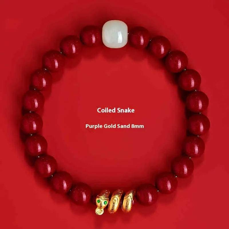 Handmade cinnabar Chinese zodiac snake bracelet with traditional bead design