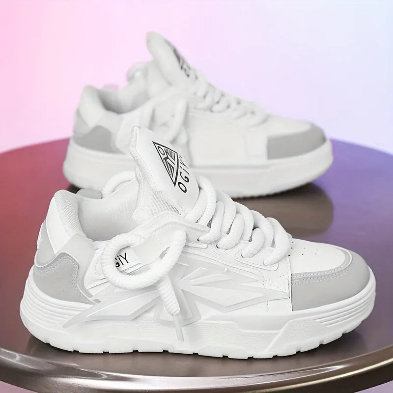 Men's white chunky sneakers with cartoon pattern, thick rubber sole, and synthetic leather upper
