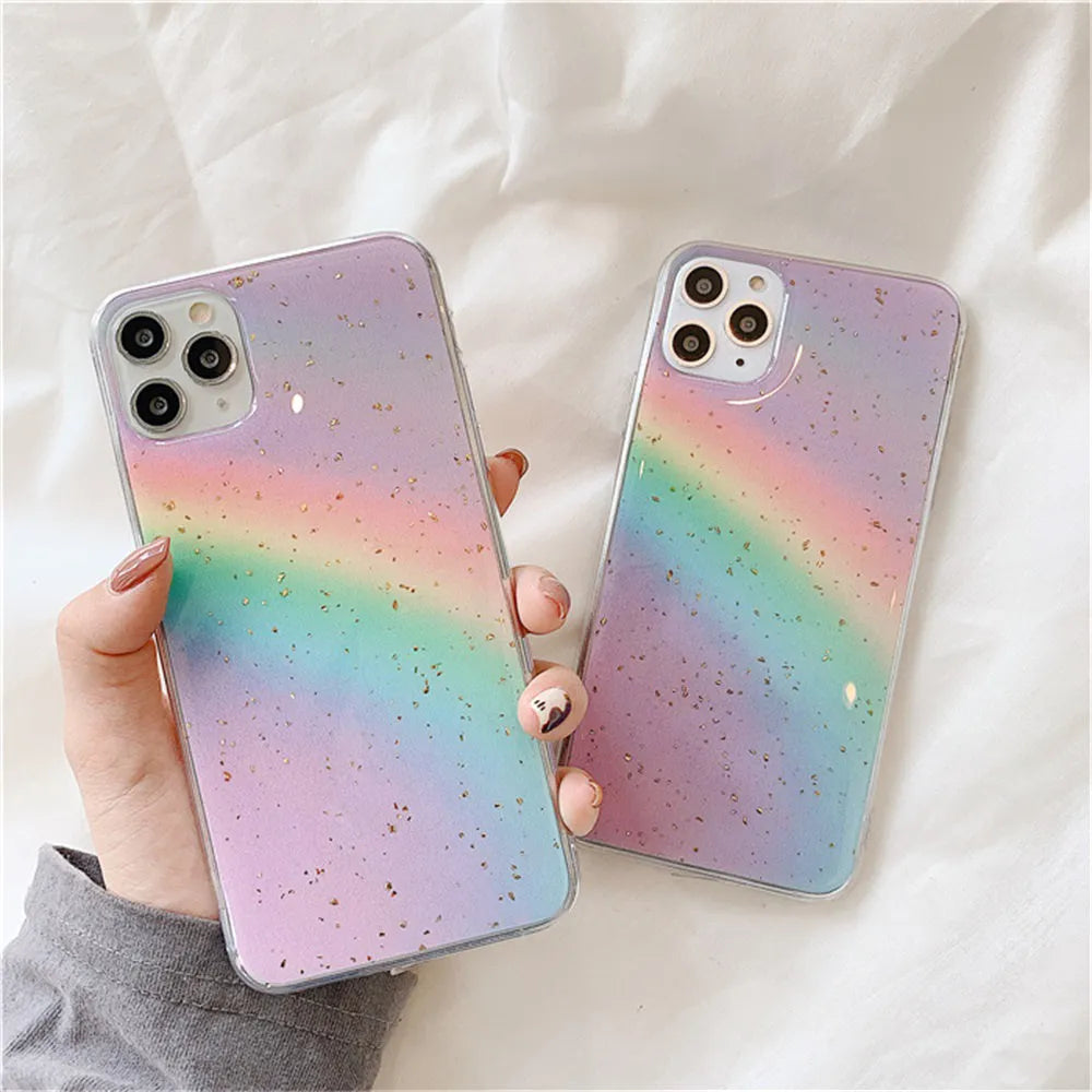 Rainbow gradient striped TPU phone case for iPhone models with anime-inspired design