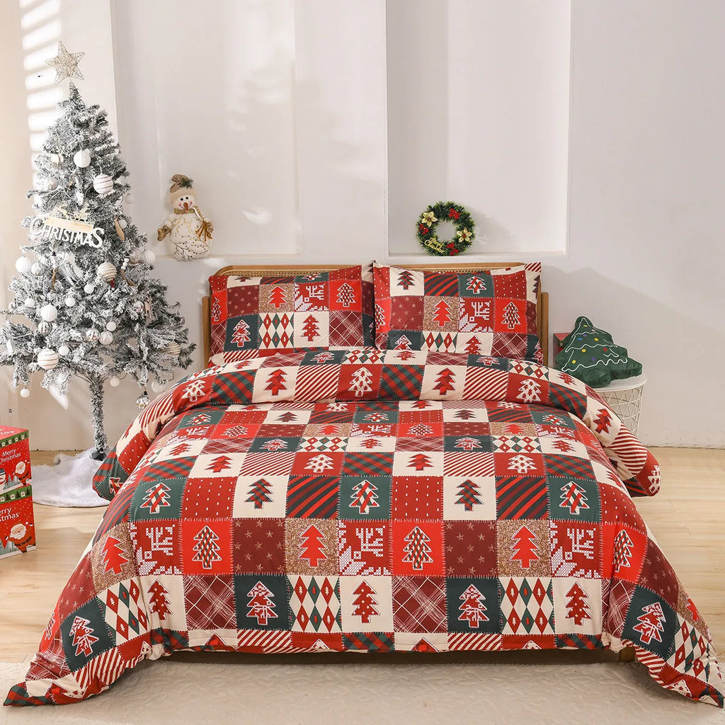 Red plaid Christmas bedding three-piece set showing duvet cover and pillowcases