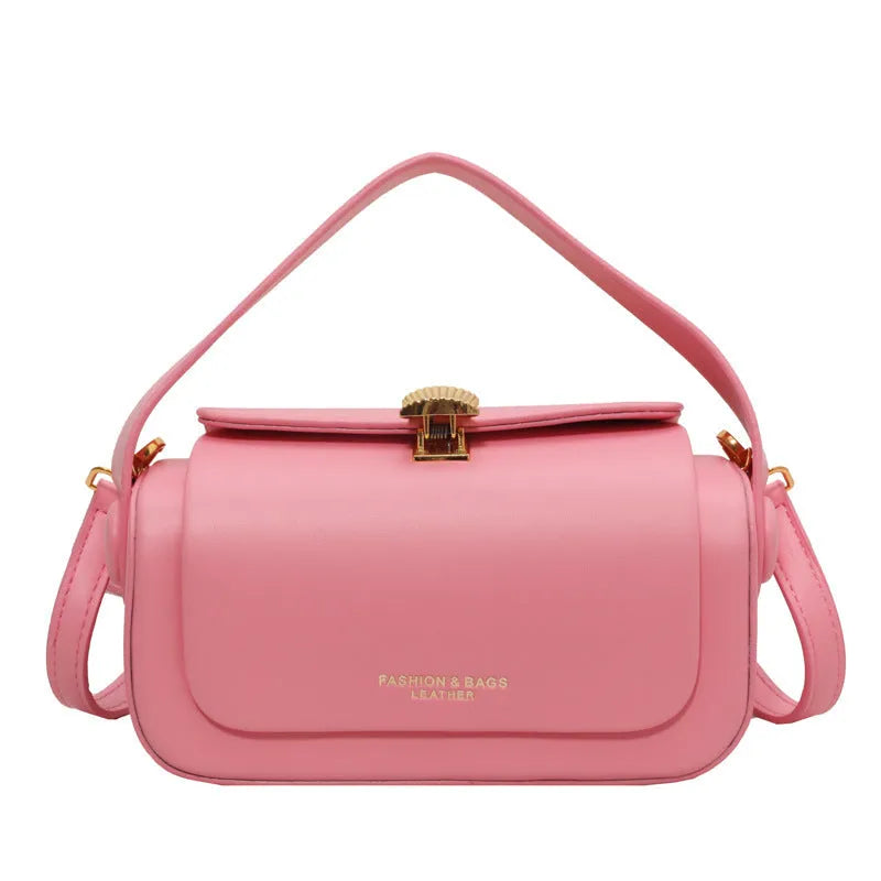 Personalised women's PU leather shoulder messenger bag with front letter stitching in beige, black, khaki, or pink.