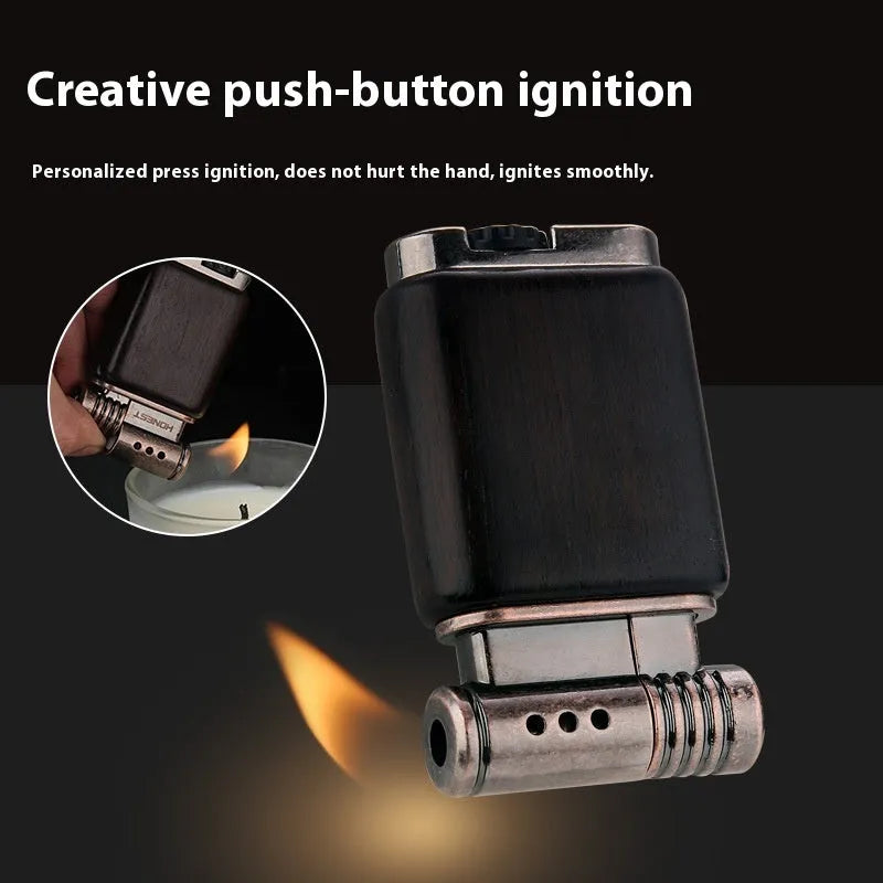 Decorative metal gas lighter in a choice of black wood, rosewood, or red wood finish.
