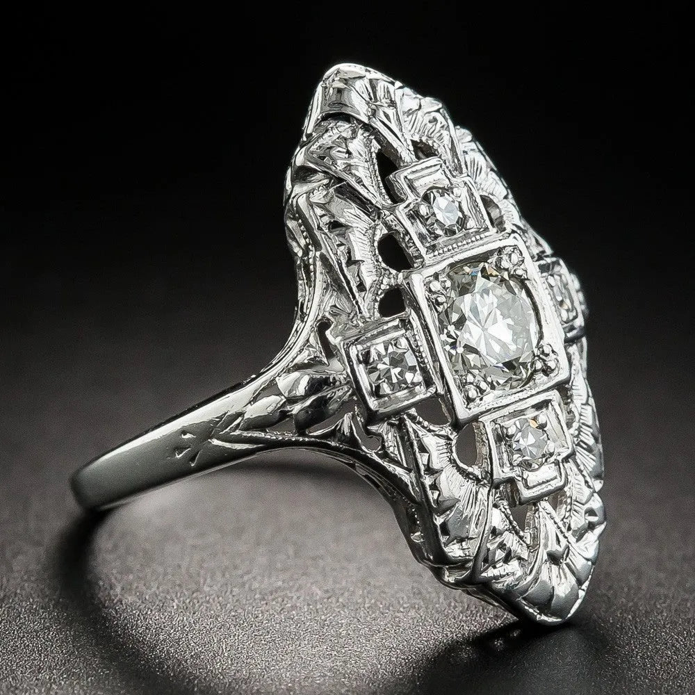 Hollow out geometric copper ring with diamond-studded detailing and silver electroplated finish
