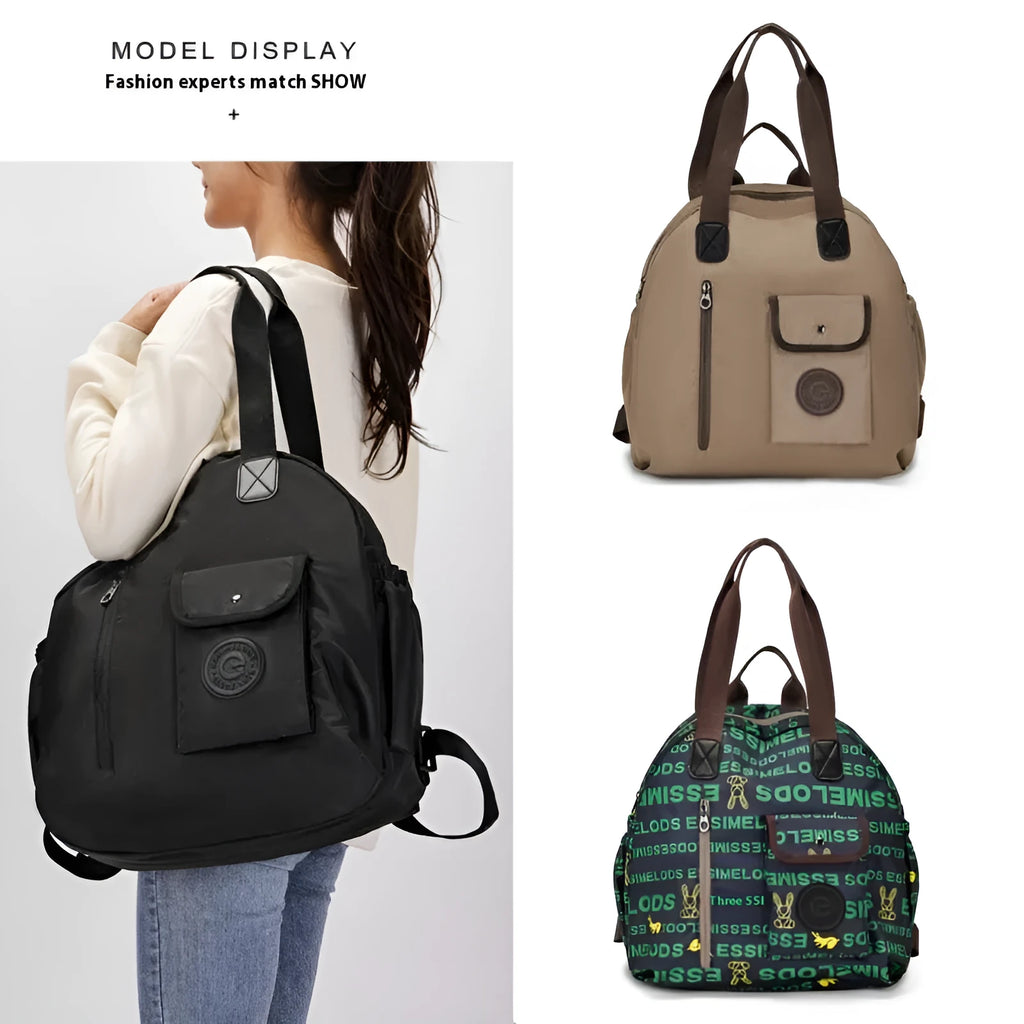 Lightweight nylon women's backpack with sandwich pockets in black, khaki or green letter print