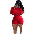 Women's sunken stripe off-shoulder two-piece set with long sleeves and matching shorts in solid colour
