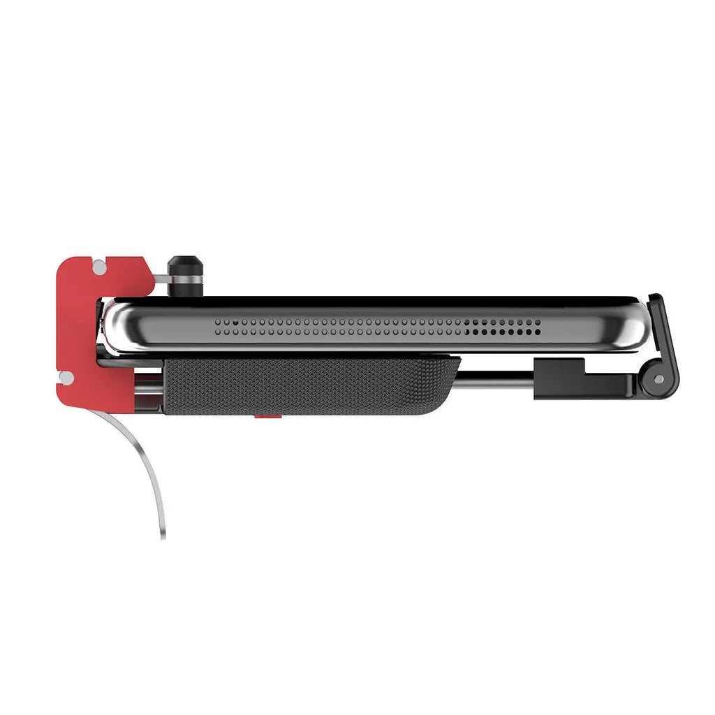 Black PG-9137 mobile phone gaming bracket showing the hidden trigger on the back and telescopic fixing clip.
