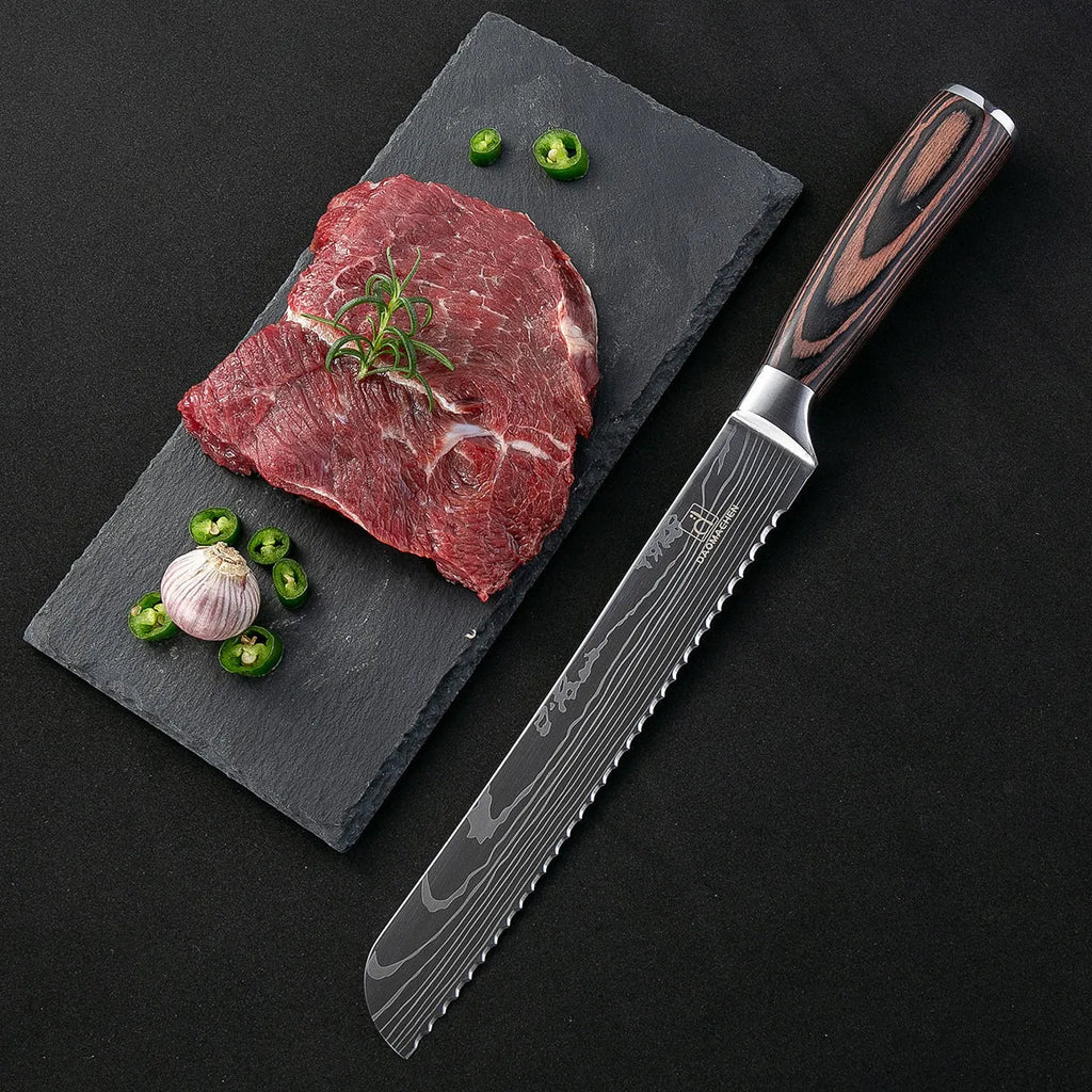 7CR17 stainless steel chef knife with laser Damascus pattern, 30cm long with colour steel handle