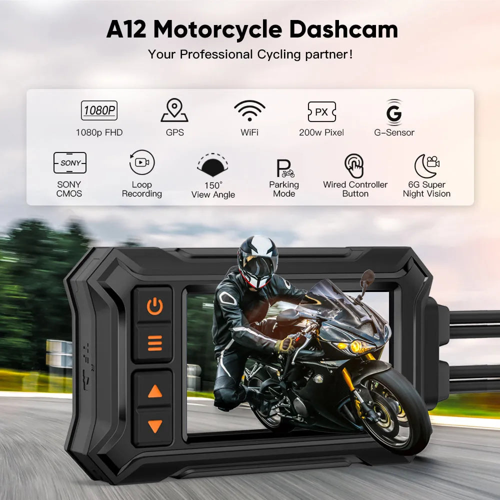 Motorcycle dual lens tachograph recorder with 3 inch screen, GPS module, and waterproof housing.