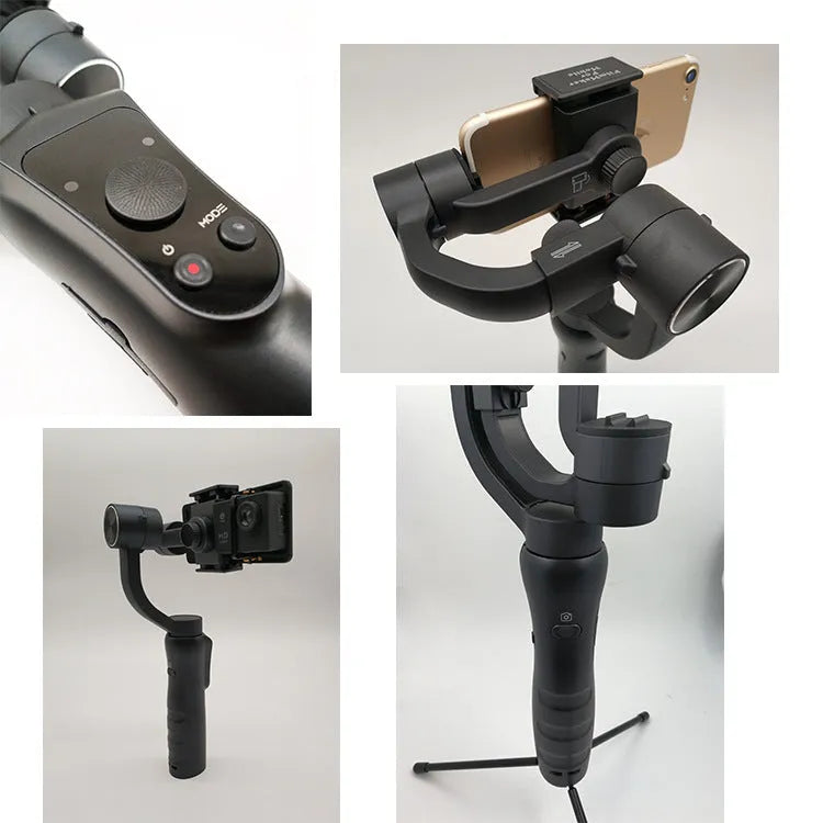 Black three-axis mobile phone gimbal stabilizer for smartphones under 6.5 inches with adjustable rotation speeds