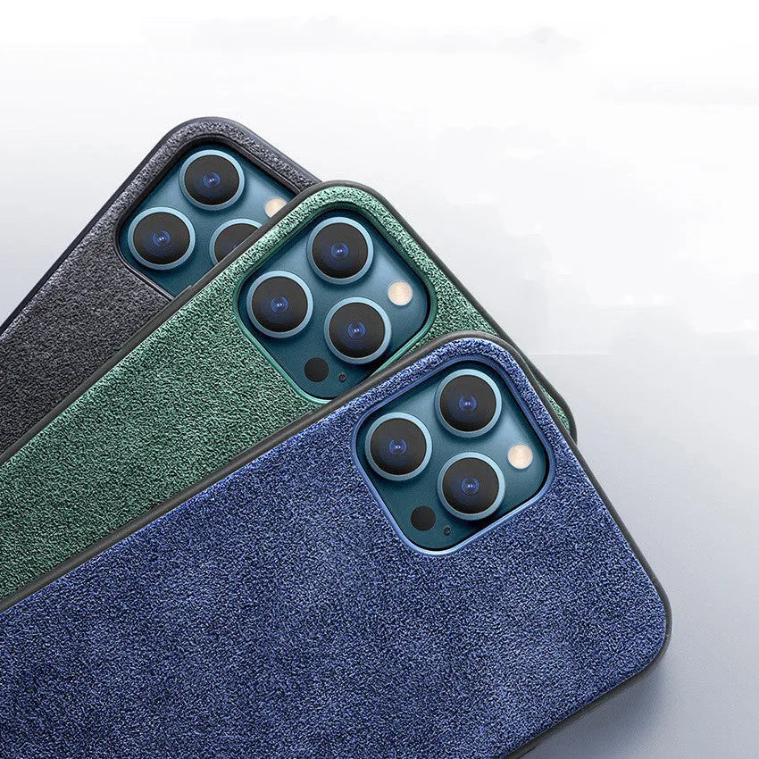 Suede full-cover iPhone phone case in dark blue, dark night green, or elegant black.