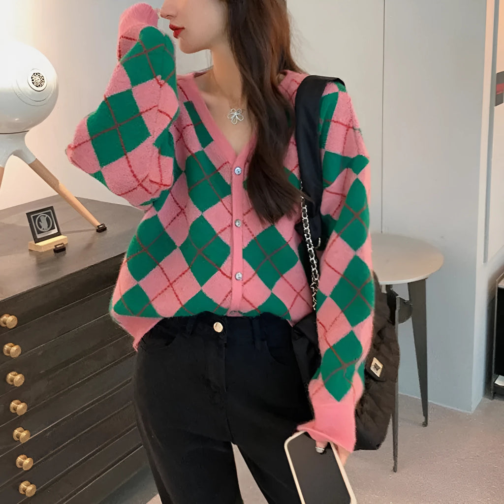Casual cardigan coat in knitted acrylic fabric showing Japanese Korean style with macaron colour options