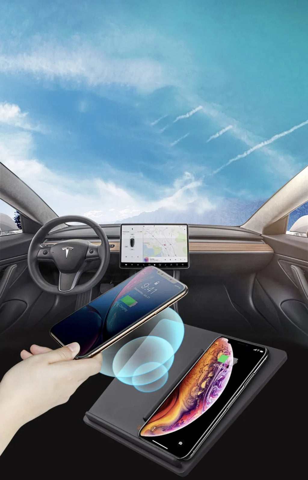 Black Tesla Model 3 wireless car charger pad, 10W max, 19.2 x 17.3 x 1.8cm, double separation line design