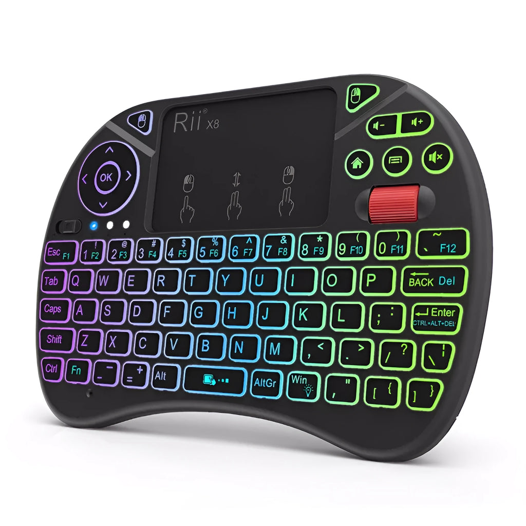 i8X black wireless keypad with 71-key QWERTY keyboard, touchpad, dual mouse buttons and lithium battery