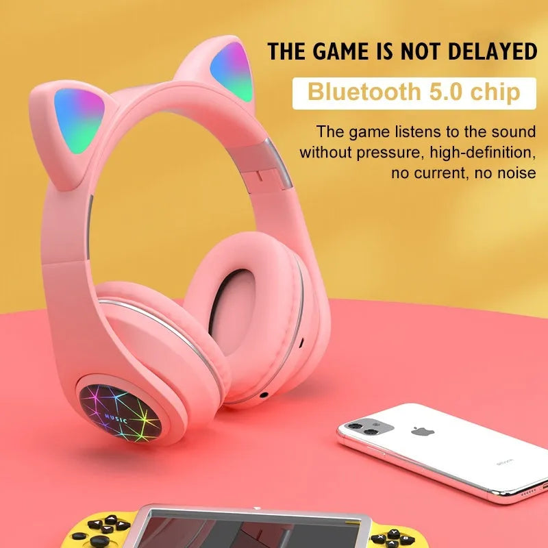 Cat ear style wireless Bluetooth sports headset in black, blue, green, pink, white, or yellow colour.