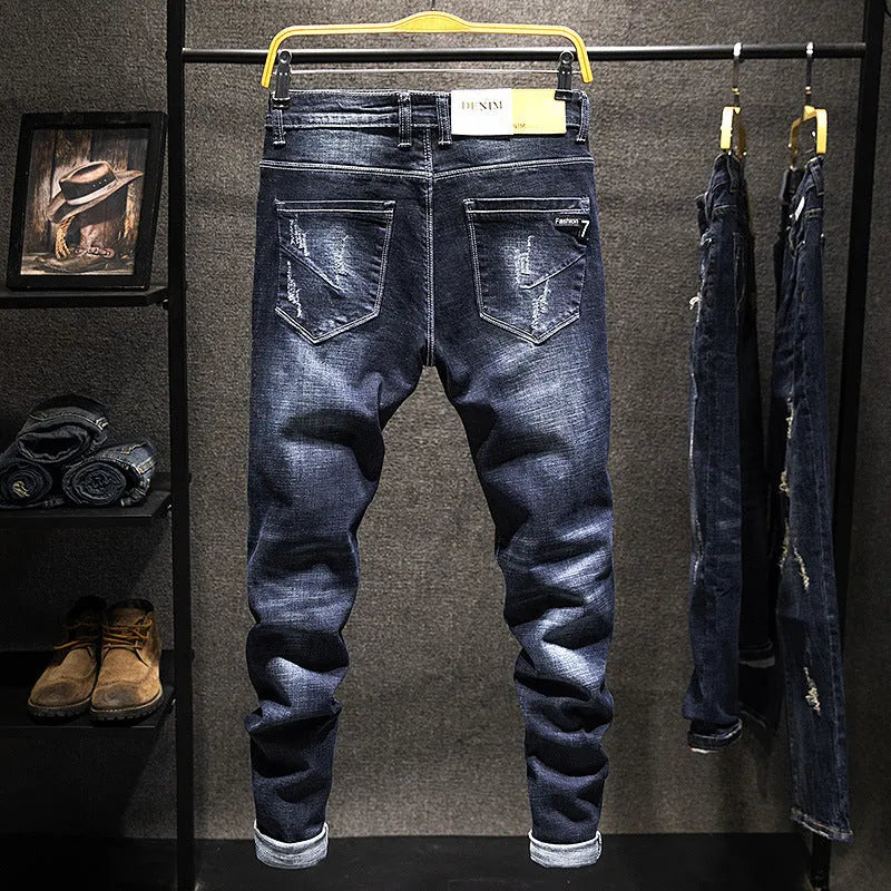 Men's slim-fit skinny jeans in dark blue denim with micro-elastic fabric