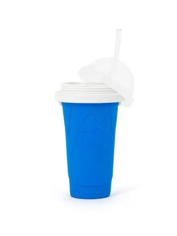 Blue quick refrigeration pinch cup showing cylindrical shape and pinch activation mechanism for beverage cooling