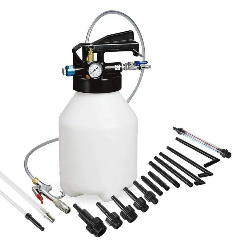 Pneumatic automatic transmission oil changer unit with tank oil filler in workshop setting