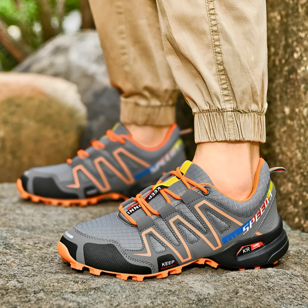 Men's grey orange and black casual shoes with synthetic leather upper and rubber sole