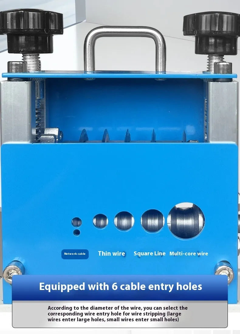 SD-017 manual wire stripping machine showing adjustable ports for 0.5-17mm wires