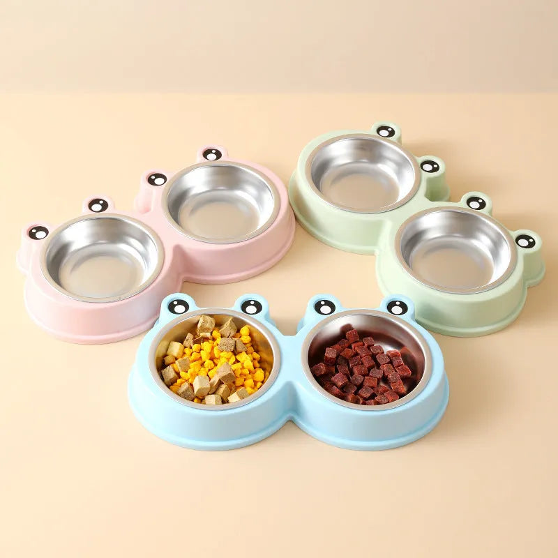 Blue frog-shaped stainless steel double pet bowl for food and water, shown in large size.