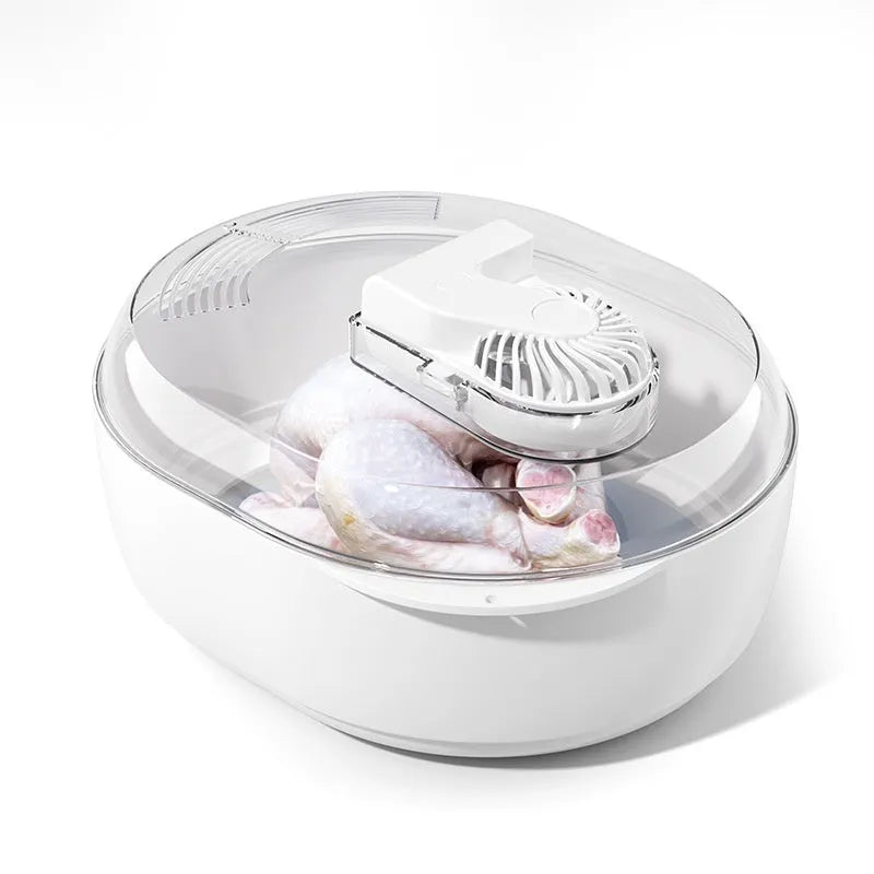 Modern aluminium quick defrosting plate for food with included USB cable on a kitchen counter