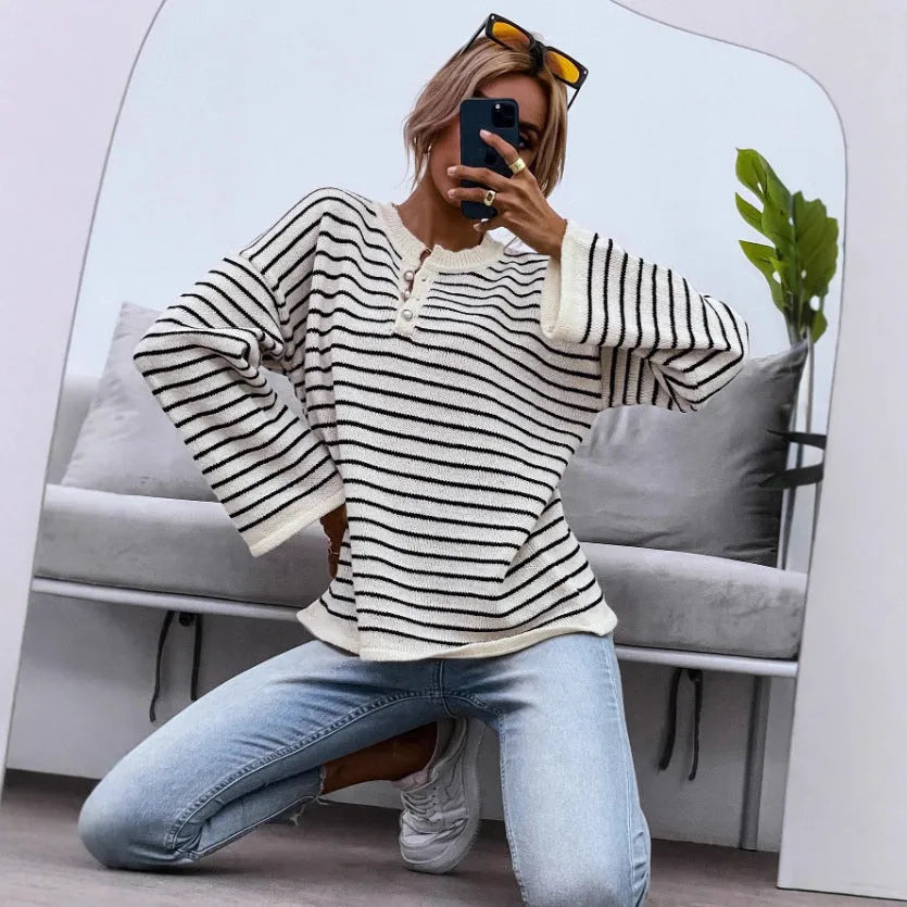 Black women's loose casual striped top with contrast colour stripes and drop-shoulder sleeves