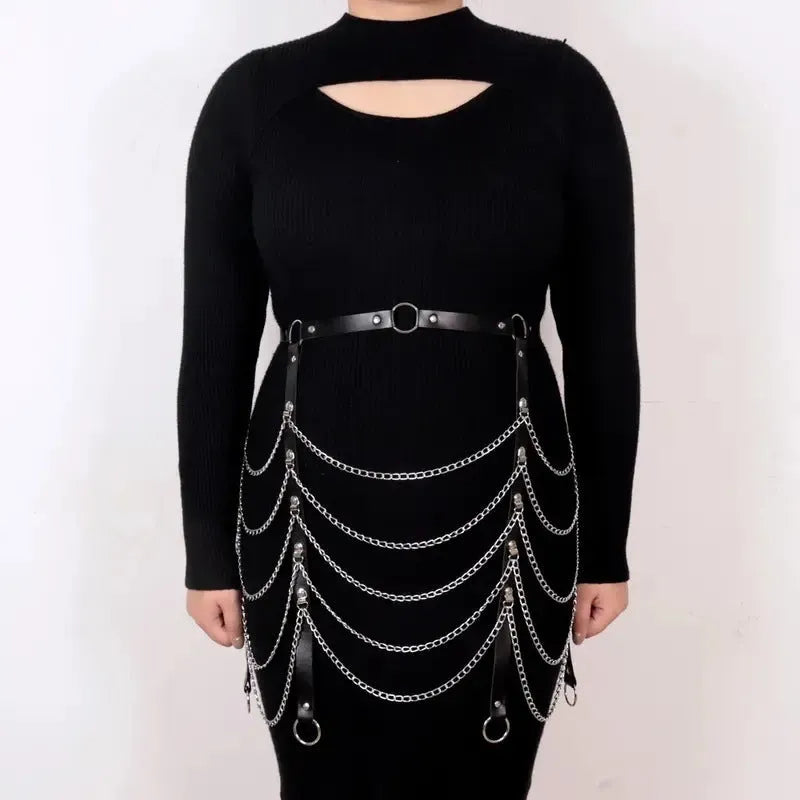 Black PU leather waist chain with bandage binding chain design for women's alternative fashion