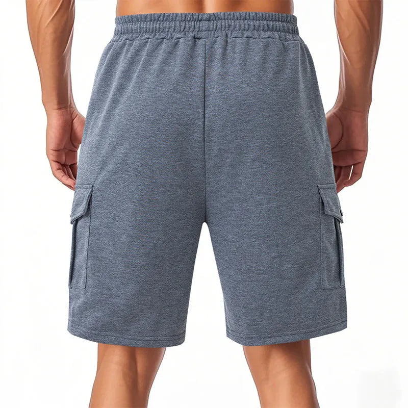 Men's heavy loose casual sports cargo shorts with multiple pockets in light grey towelling fabric