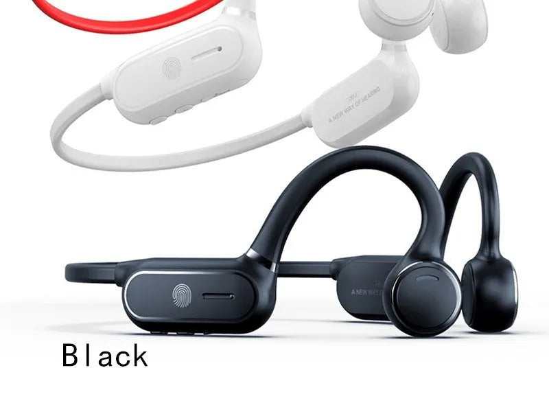 Black air conduction Bluetooth earphones with titanium alloy frame showing ear-hook design