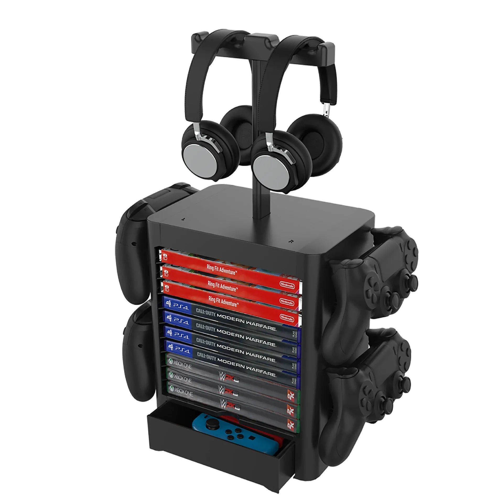 Black ABS gaming console CD storage rack with headphone holder and bottom drawer for controllers and accessories.