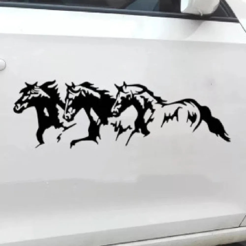 Three Horses car decal sticker with steed design in black, white, red, or blue, showing 25x8cm size.