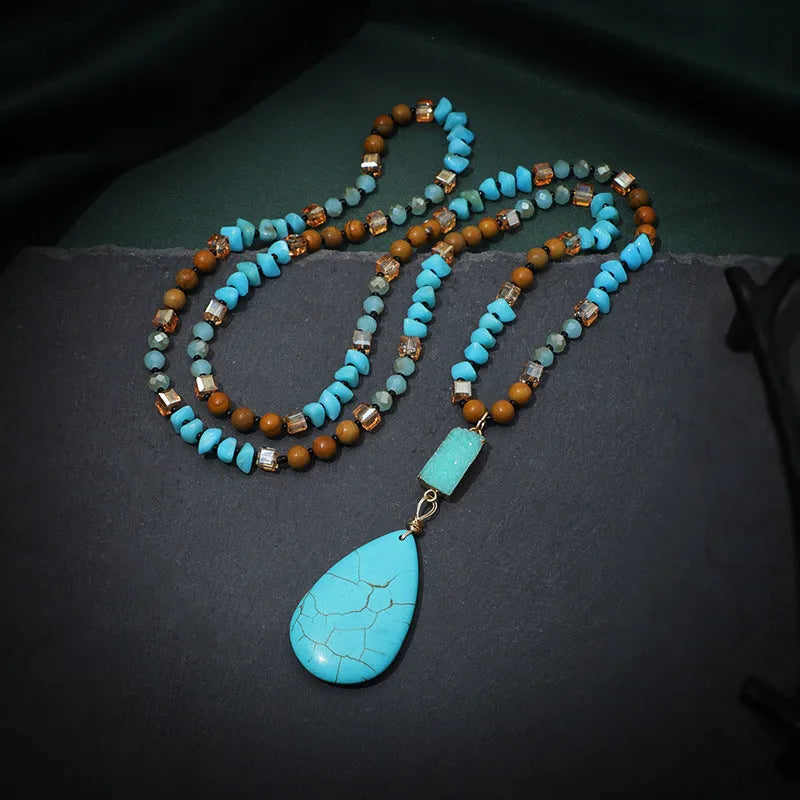 Women's turquoise imitation mineral pendant necklace with large water drop design on ball bead chain