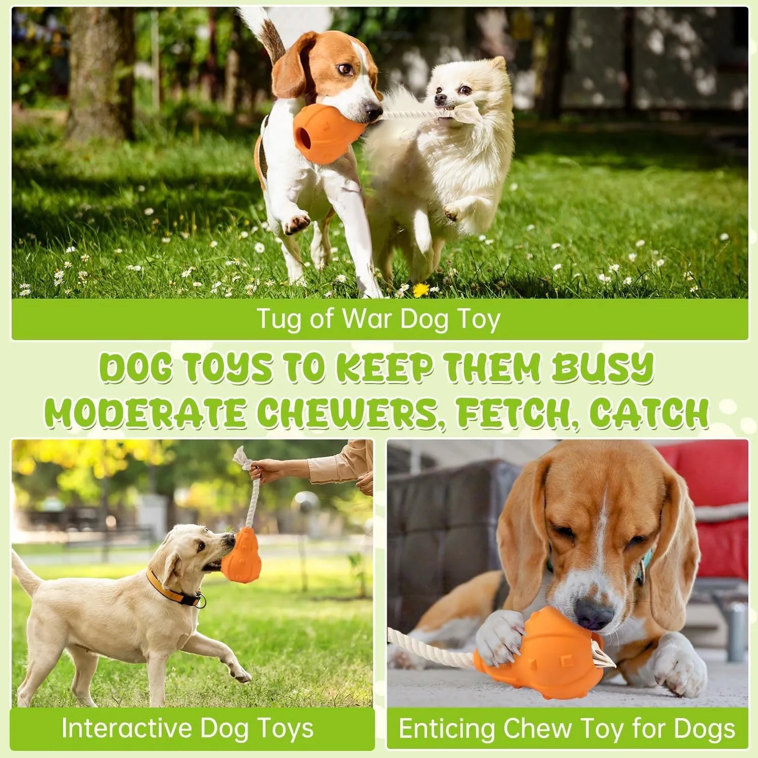 Natural rubber dog toy with longer strap, hollow treat-dispensing centre, for small medium breed dogs.