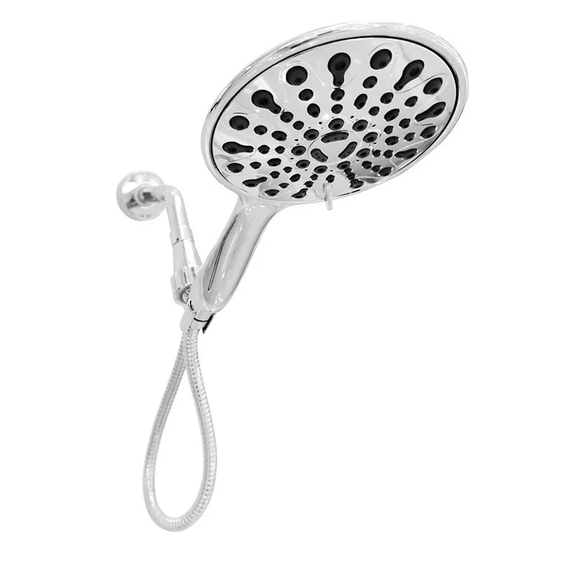 Silver electroplated handheld shower head with six function selector on a 6-inch face.