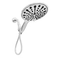 Silver electroplated handheld shower head with six function selector on a 6-inch face.