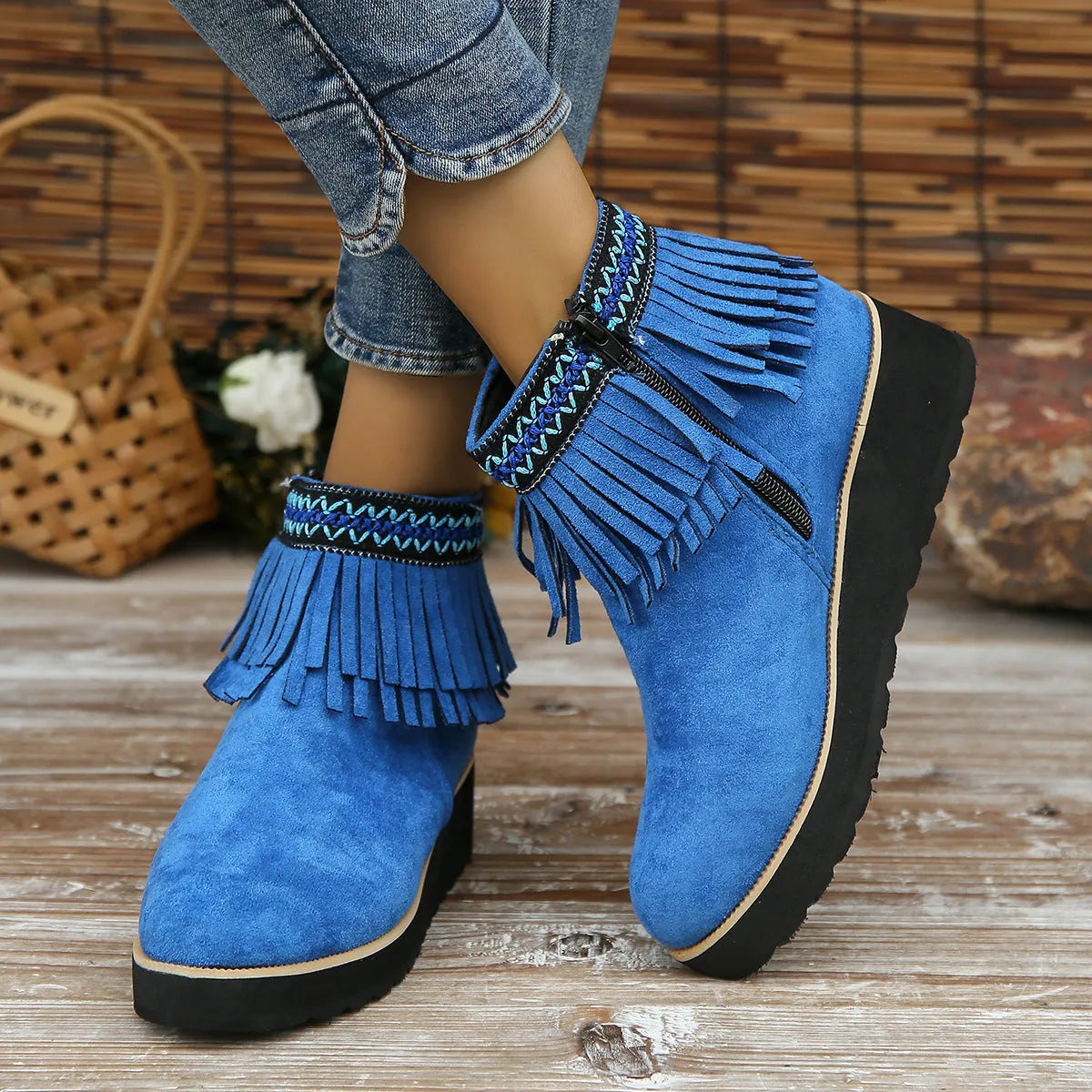 Women's dark brown suede wedge ankle boots with side zip and thick rubber sole